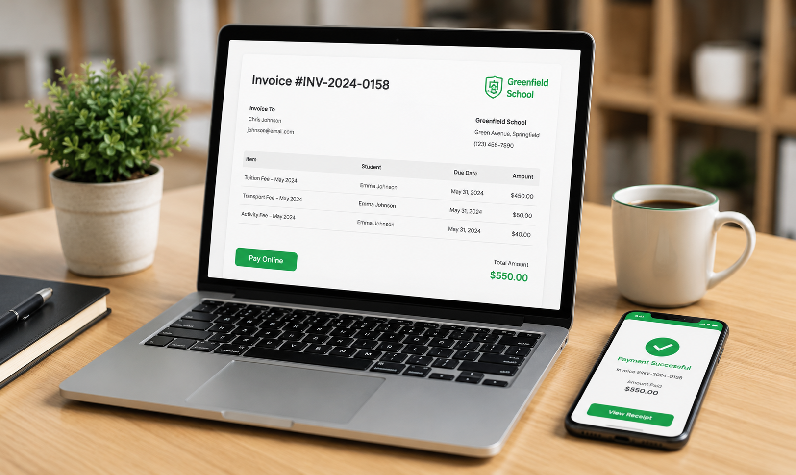 School fee invoice on a laptop with online payment confirmation on a phone